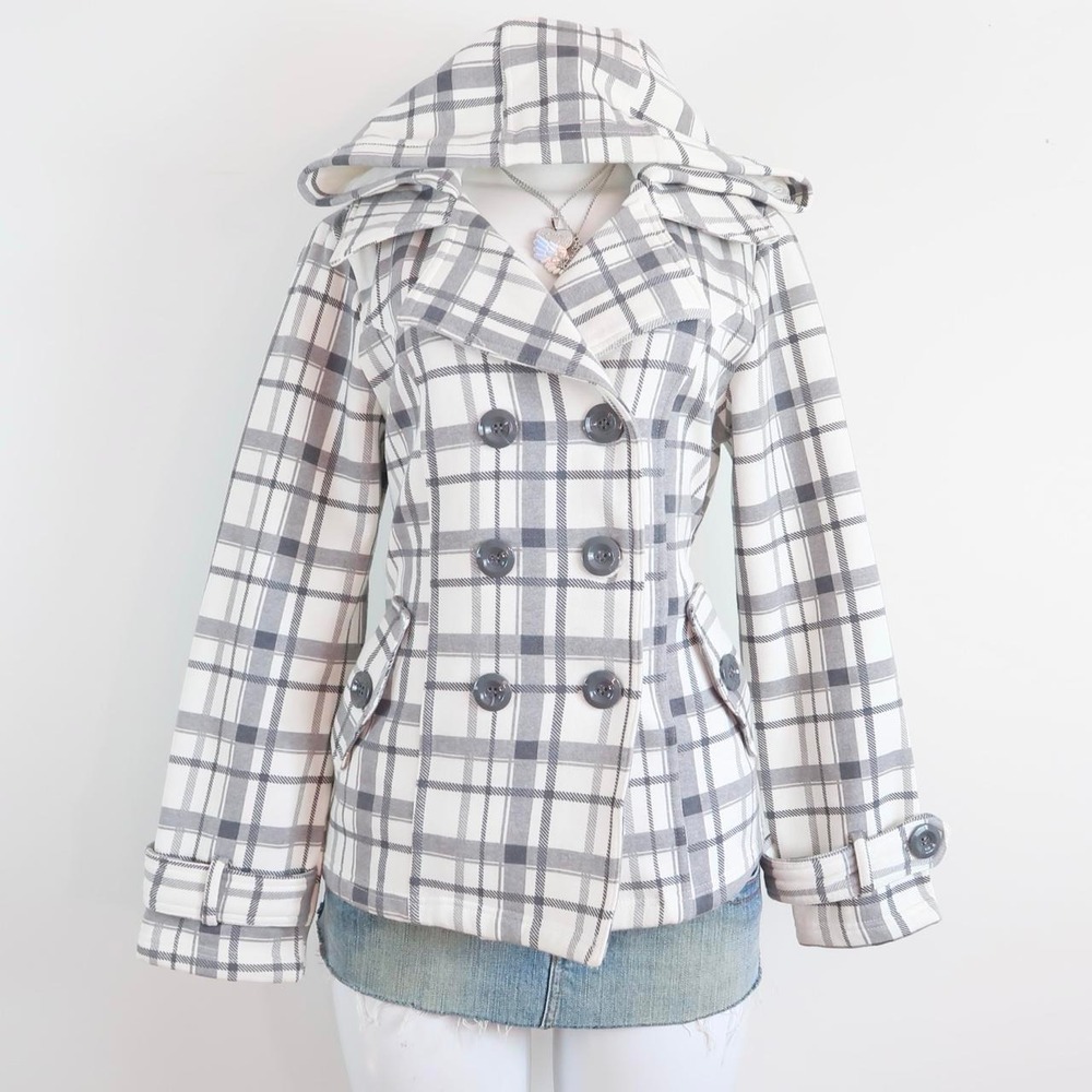 y2k white plaid hooded trench jacket | 2000s